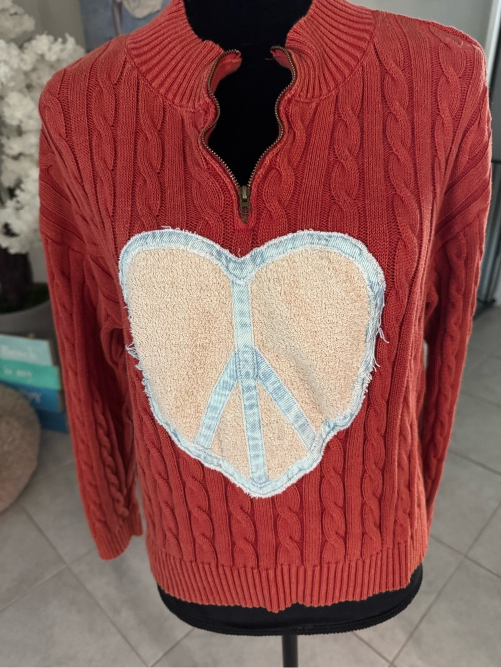 POL Rust Cable-Knit Half-Zip Sweater with Beige Heart Peace Patch distressed